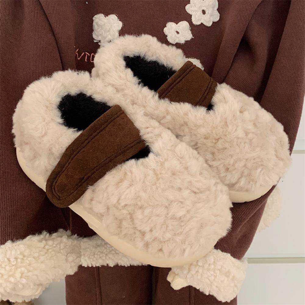 秋冬拼色外穿魔术贴儿童毛毛单鞋