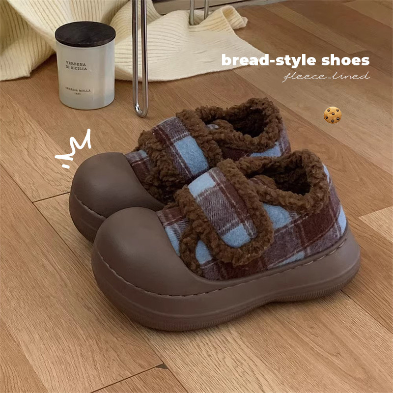 学生网红厚底外穿魔术贴毛毛鞋女防滑复古撞色格子冬季面包鞋棉鞋,女鞋,棉鞋,淘宝优惠券,粉丝福利购,淘宝优惠卷