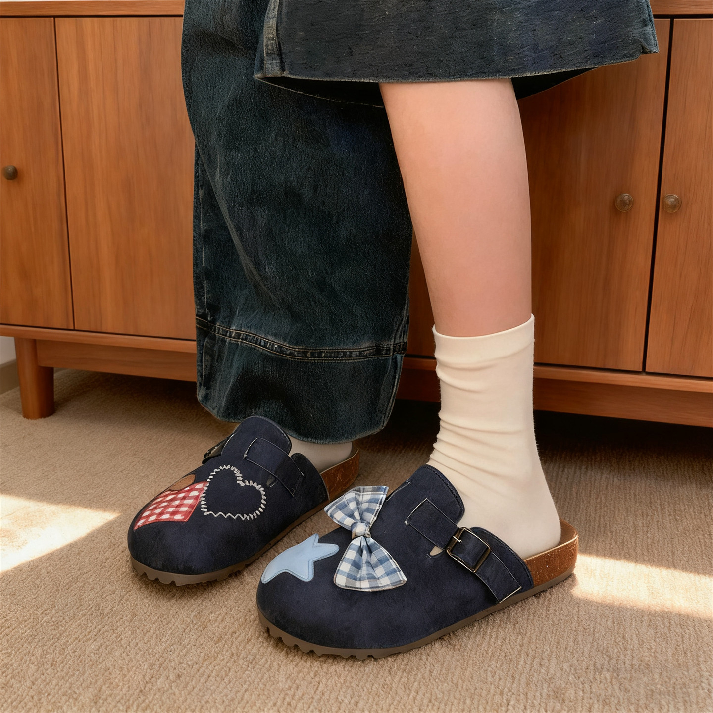 网红格子蝴蝶结勃肯鞋秋冬防滑