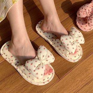 棉麻拖鞋 夏季 家用四季 甜美蝴蝶结静音地板鞋 女 轻便吸汗少女心个性