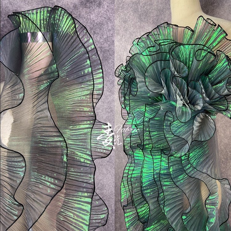 极光人鱼姬幻彩渐变荷叶边立体褶皱大花边欧根纱布料装饰辅料面料