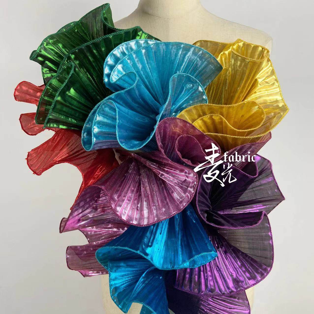 液态金属欧根纱大波浪花边立体百褶荷叶边婚纱礼服辅料设计师面料