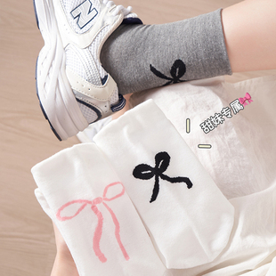 白色蝴蝶结袜子女中筒袜春夏季 棉袜韩系百搭堆堆袜女生长袜 薄款