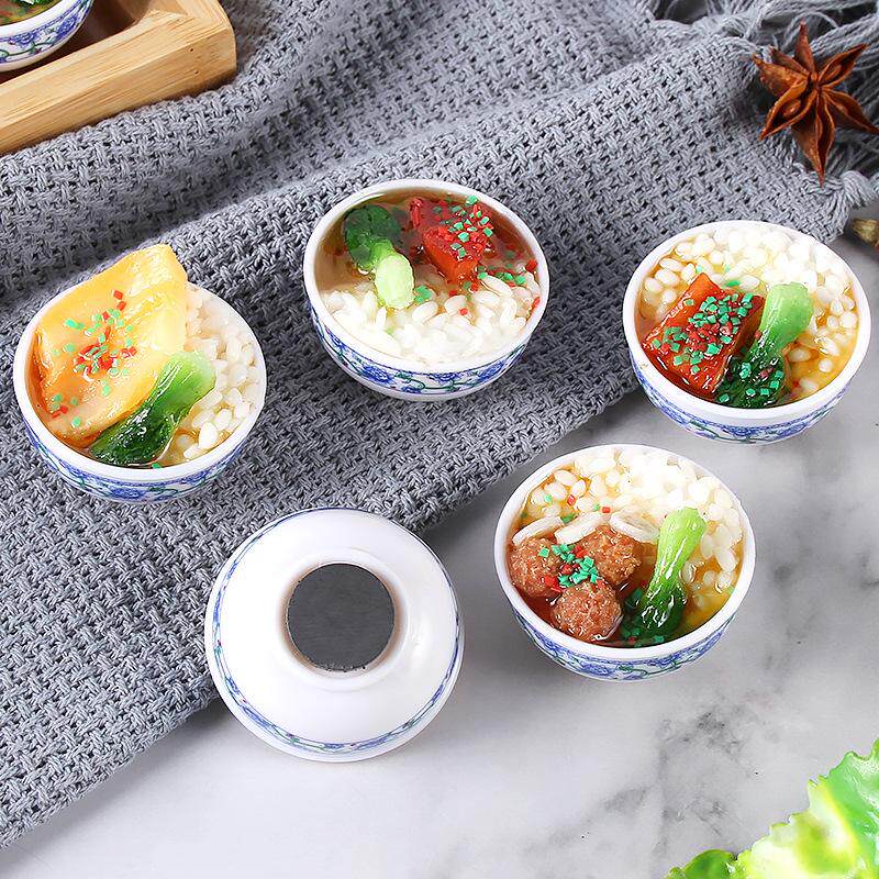 仿真食物青花瓷碗盖浇饭冰箱贴仿真鲍鱼饭虾仁饭摆件小人国玩具