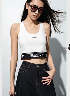 UX 2025春季新款 白色字母松紧背心女 通勤百搭短款修身上衣