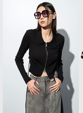 UX 2025春季新款 黑色侧边抽绳毛衫女 通勤时尚长袖修身上衣 百搭