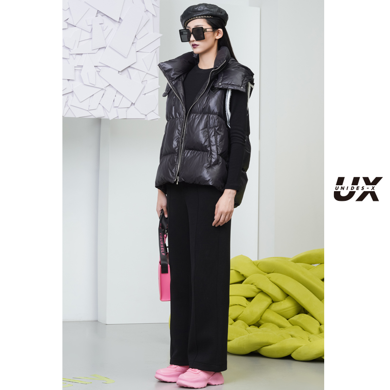 黑色针织袖口白鸭绒羽绒马甲外套UX经典冬季新款短款宽松时尚外套