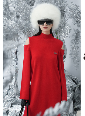 UX秋冬新款红色镂空毛衫连衣裙