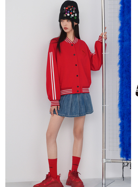 UX新款秋季新款红色棒球服外套女中长款宽松休闲