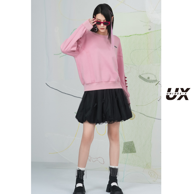 粉色圆领长袖卫衣女UX新款秋季新款中长款宽松显瘦设计感百搭上衣