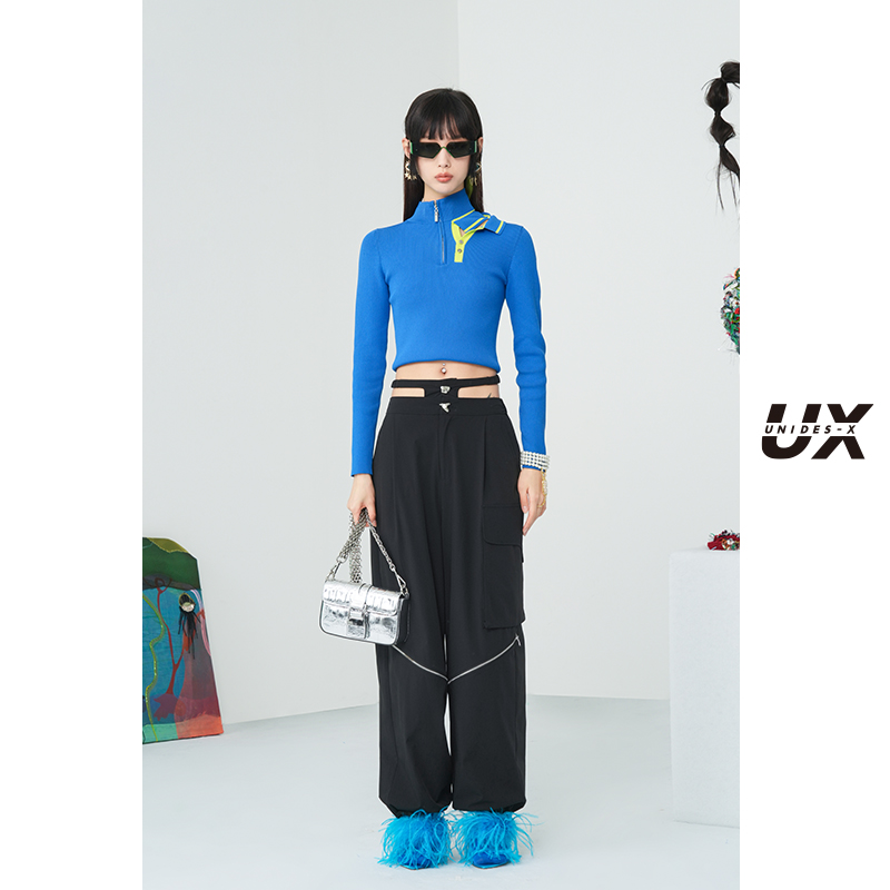 UX秋冬新款艺术联名双领毛衫修身气质蓝色半高领针织衫