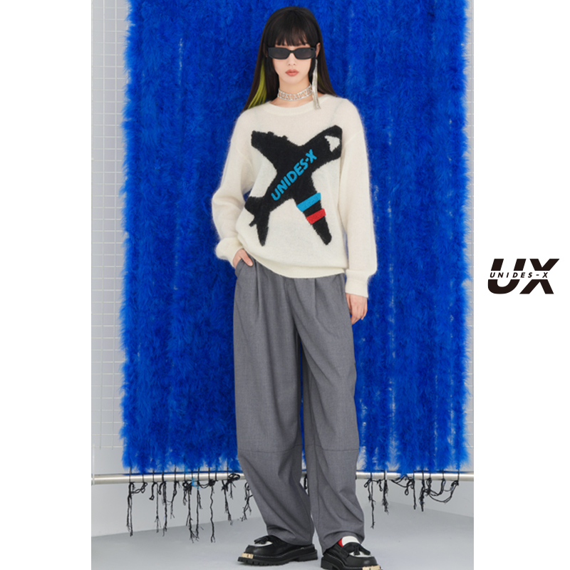 UX新款秋新款白色马海毛套头针织衫女中长款宽松显瘦时尚百搭毛衫