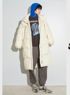 【舒心专属】UX 冬季新款 帽子飘带中长羽绒服女 白色保暖外