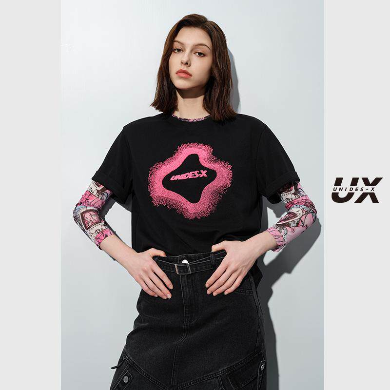 UX 2025春季新款 黑色牙刷绣花T恤女 通勤短袖上衣 百搭单品