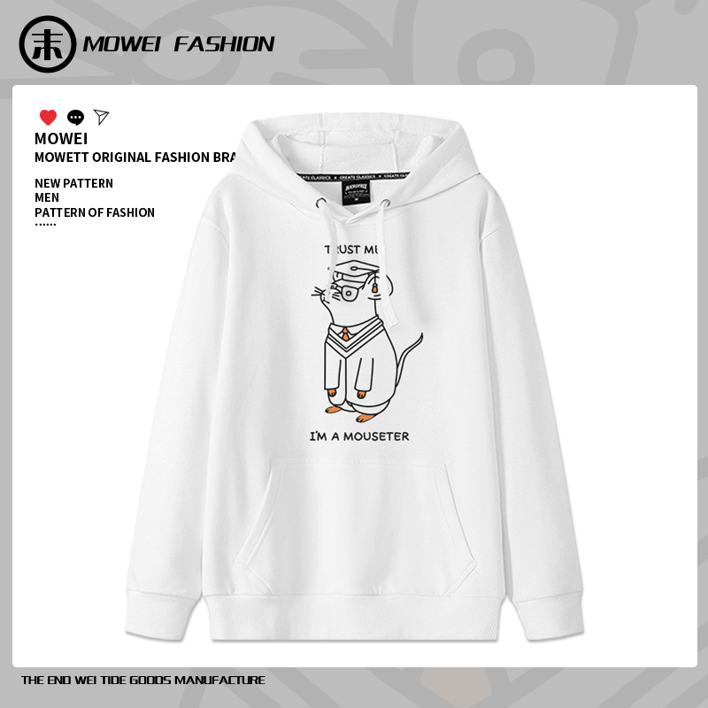 硕士鼠趣味卡通印花连帽卫衣男2024新款美式宽松情侣休闲加绒外套