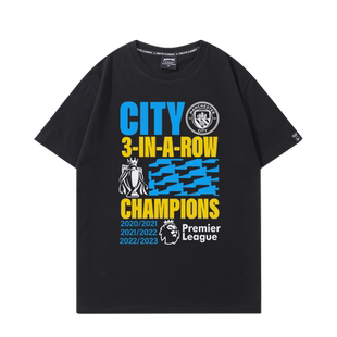 曼城英超三连冠纪念T恤男2023英超夺冠军哈兰德周边足球衣短袖夏