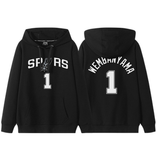 马刺队文班亚马卫衣男美式复古1号篮球2023秋冬休闲加绒连帽外套