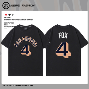 福克斯4号马刺队球衣男美式休闲篮球训练短袖宽松纯棉T恤夏季潮流