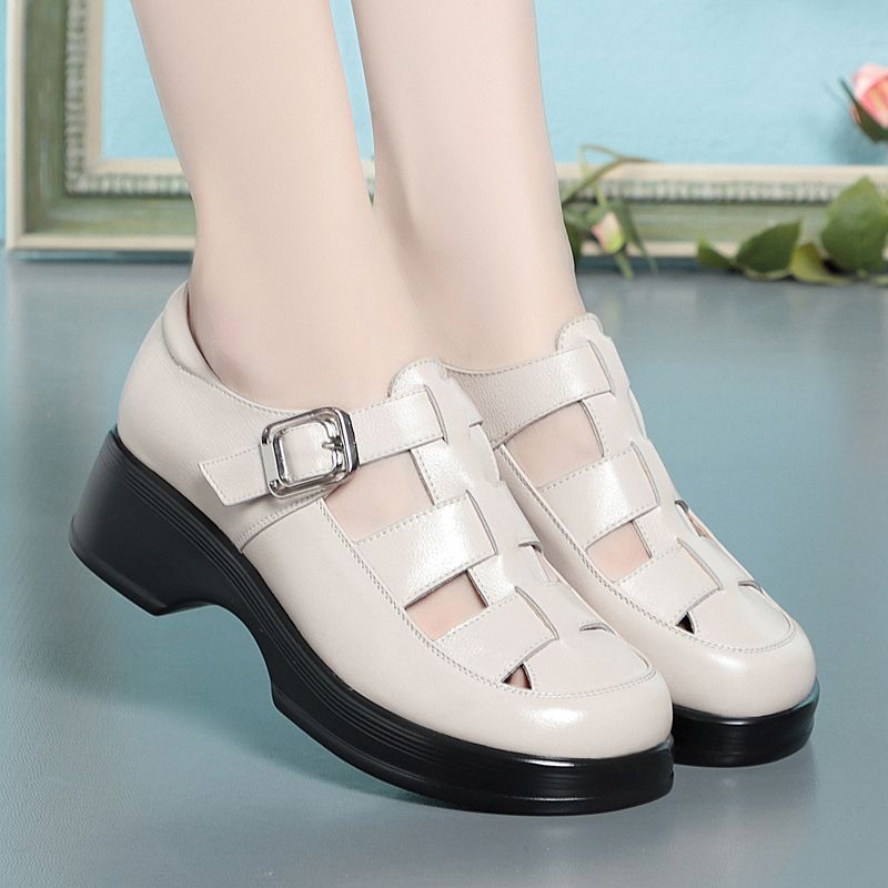 厚底罗马凉鞋女款夏季外穿2025新款真皮编织猪笼鞋包头镂空洞洞鞋