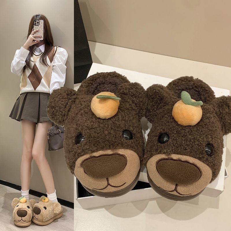 可爱卡通小熊棉拖鞋女2025秋冬新款加绒保暖防滑居家外穿毛毛拖鞋