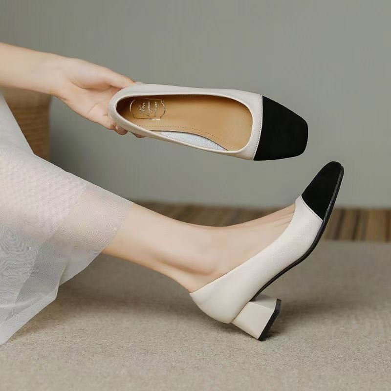 真皮小香风单鞋女2025新款春秋复古工作面试粗跟拼色浅口高跟鞋子
