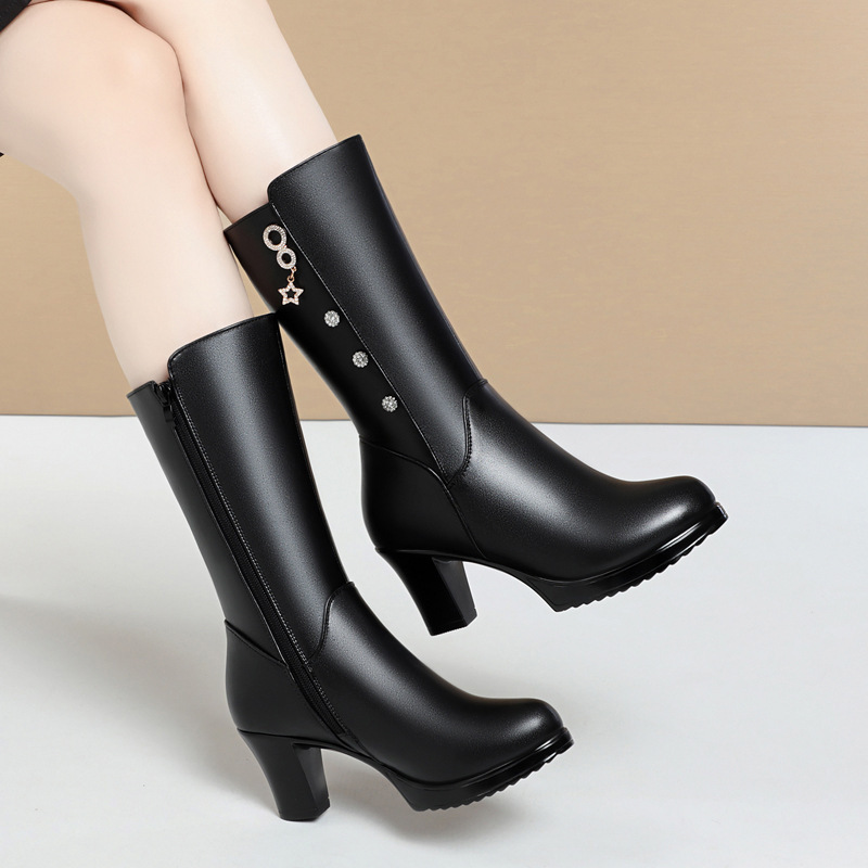 冬季羊毛女靴高跟真皮中筒靴女粗跟中年加厚棉鞋大码棉靴加绒保暖