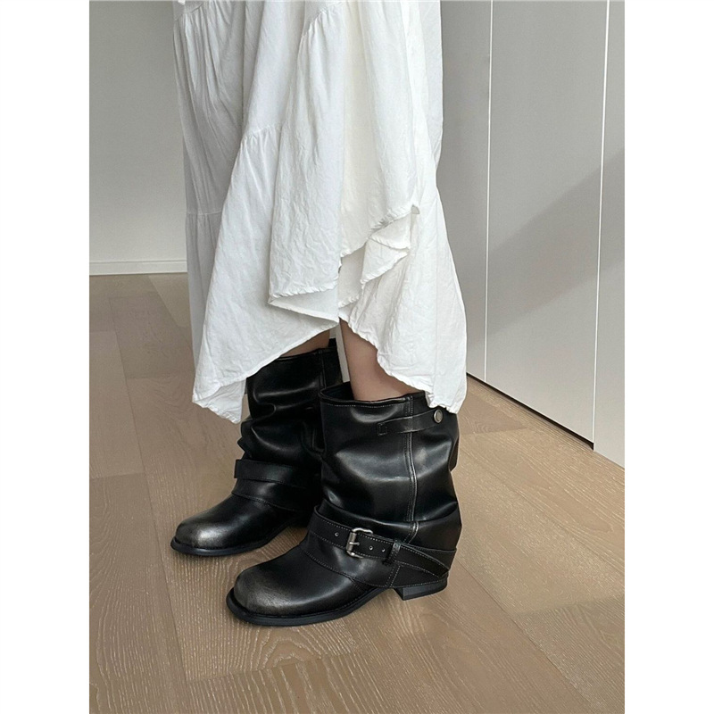 2025新款西部牛仔靴女褶皱堆堆黑色圆头复古粗跟骑士靴女中长筒靴