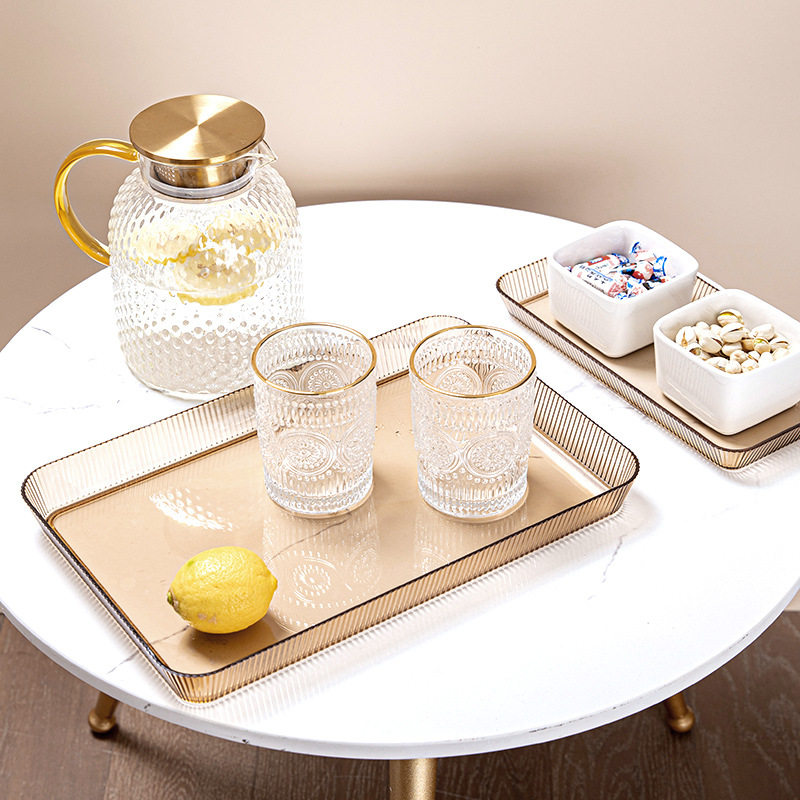 北欧轻奢托盘家用放茶杯水杯茶盘客厅茶几透明金边托盘长方形餐盘