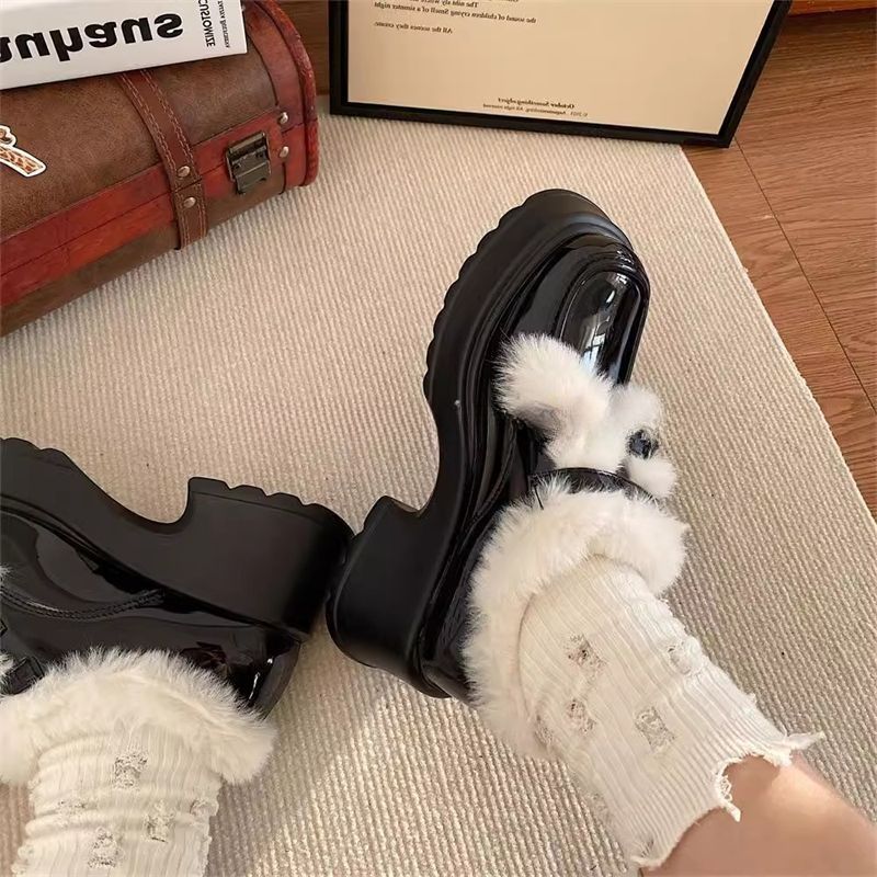 玛丽珍小皮鞋加绒粗跟高跟鞋女2023年秋冬毛毛鞋厚底乐福鞋女