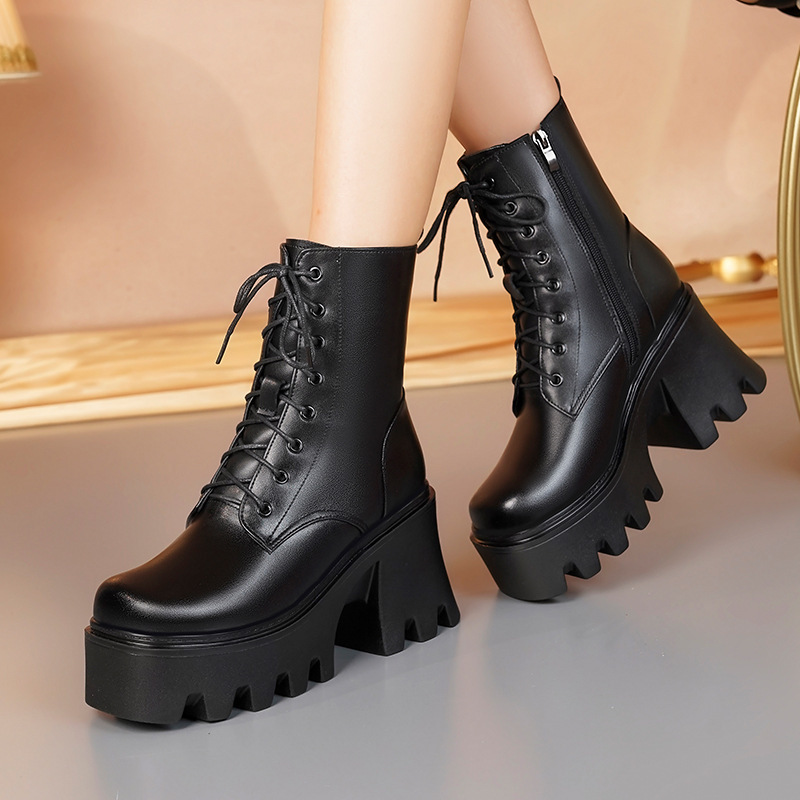 超高跟短靴真皮防水台厚底马丁靴冬季女鞋加绒加厚小个子靴子白色