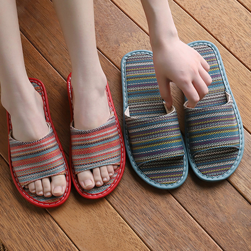 新款夏季波西米亚布艺凉拖鞋男女家居室内防滑软底静音透气混纺布
