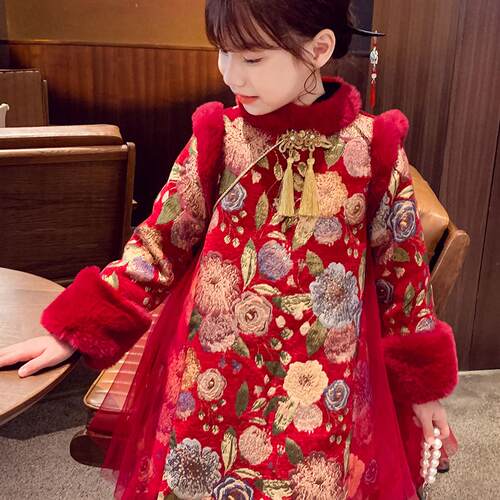 女童中国风旗袍夹棉加厚拜年服