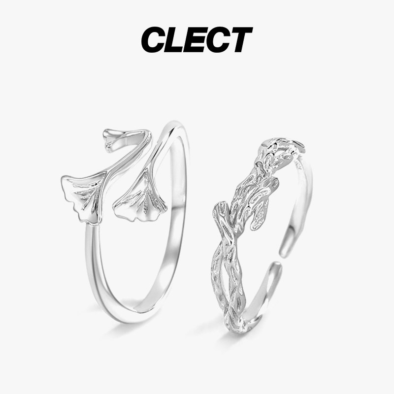 clect银杏叶情侣戒指纯银男女一对素圈对戒情人节生日礼物送女友