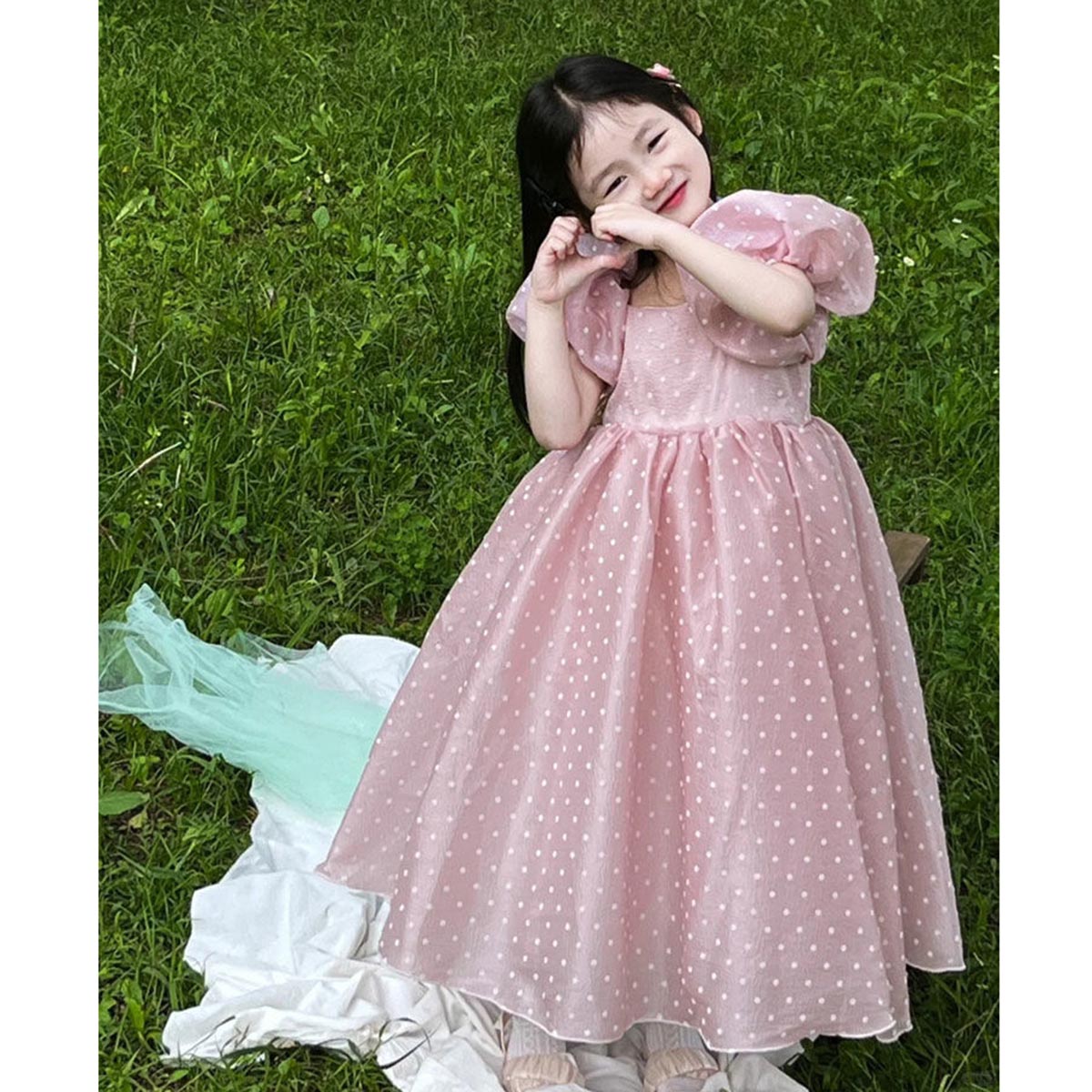 品牌法式女童2025夏季新款粉色波点连衣裙生日礼服公主裙长裙蓬蓬
