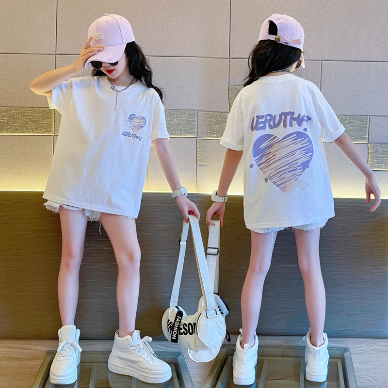 品牌女童短袖t恤夏季2025新款洋气时髦女孩大童白色薄款宽松半袖