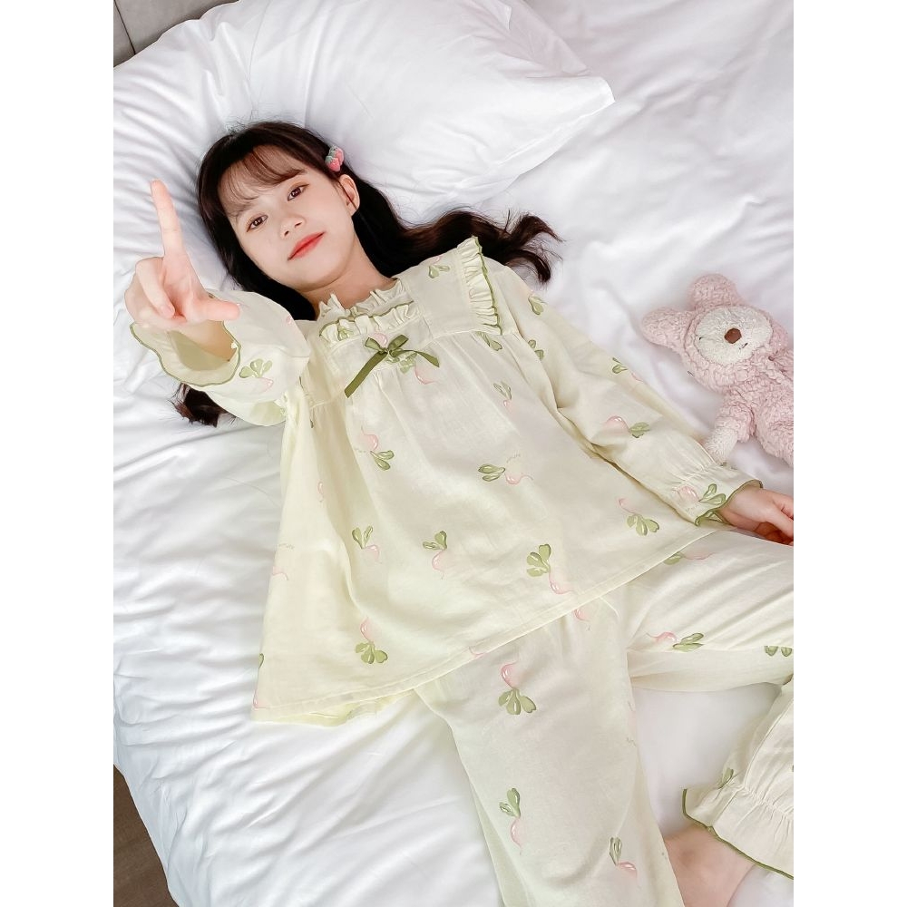 品牌女童棉绸睡衣夏季2025新款初中生女孩高端纯棉套装儿童薄款家