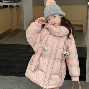正品巴拉舞女童羽绒服中长款加厚白鸭绒连帽粉色冬季儿童洋气外套