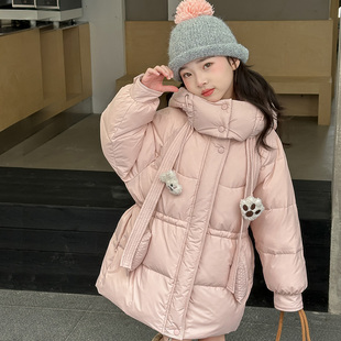 正品巴拉舞女童羽绒服中长款加厚白鸭绒连帽粉色冬季儿童洋气外套