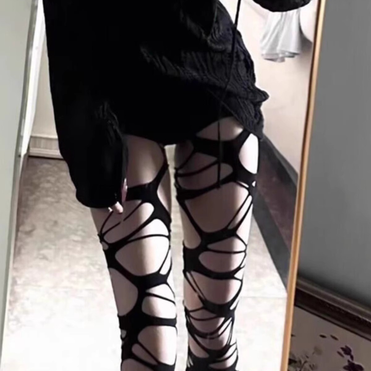 chic时尚性感幽情女菱形钻黑丝菱形烫钻设计感百搭不勾丝打底连体