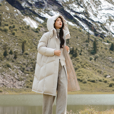 收腰中长羽绒服羽物轻奢连帽