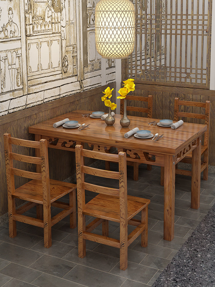 实木饭店快餐桌椅组合仿古雕花面馆小吃店烧烤火锅农家乐碳化桌椅,住宅家具,实木餐桌,淘宝优惠券,粉丝福利购,淘宝优惠卷