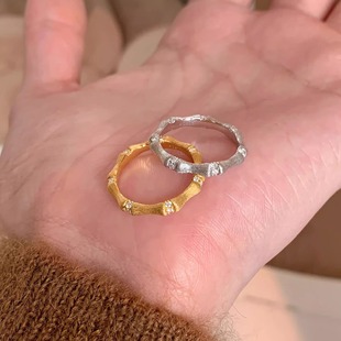 竹节拉丝排戒中古戒指纯银女食指戒小众轻奢百搭通勤复古叠戴尾戒