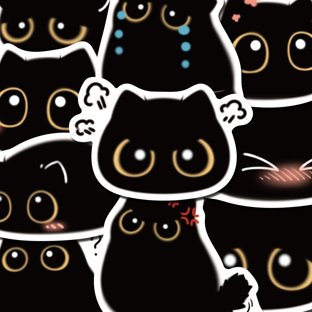 原创40张韩系煤球猫猫卡通高颜值少女心插画爆款手账素材可爱贴纸防水