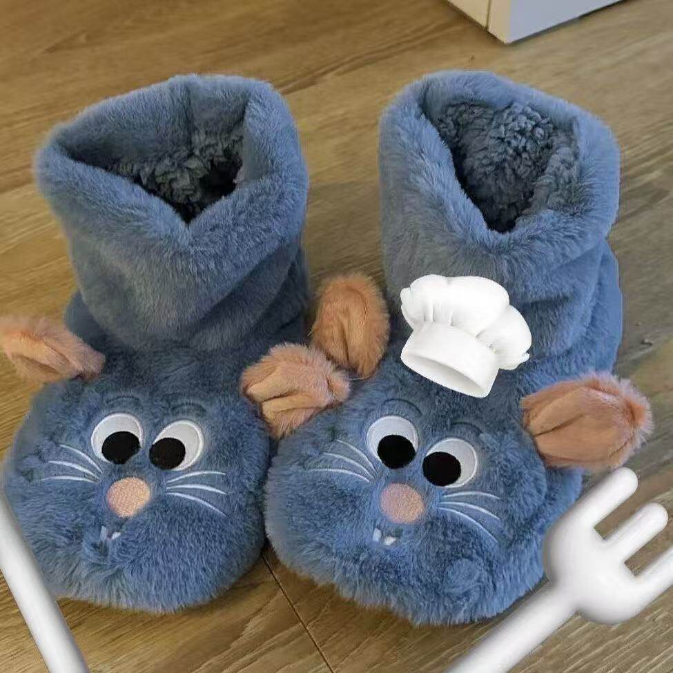 可爱料理鼠王毛绒拖鞋棉鞋女生冬季室内居家保暖舒服包跟毛毛鞋子