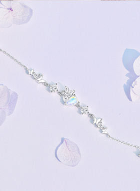 纯银甜心蝶恋蝴蝶爱心镶钻手链女