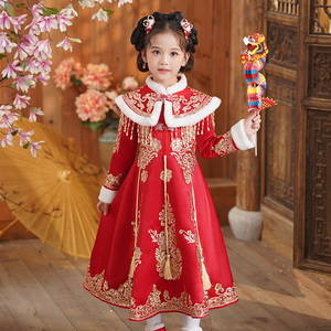 拉夏贝尔女童汉服拜年服2024儿童新年过年服中大童本命年红色裙子