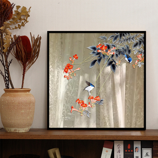 新中式喜上枝头花鸟镜子画客厅背景墙装饰画茶室玄关柜面挂画摆画