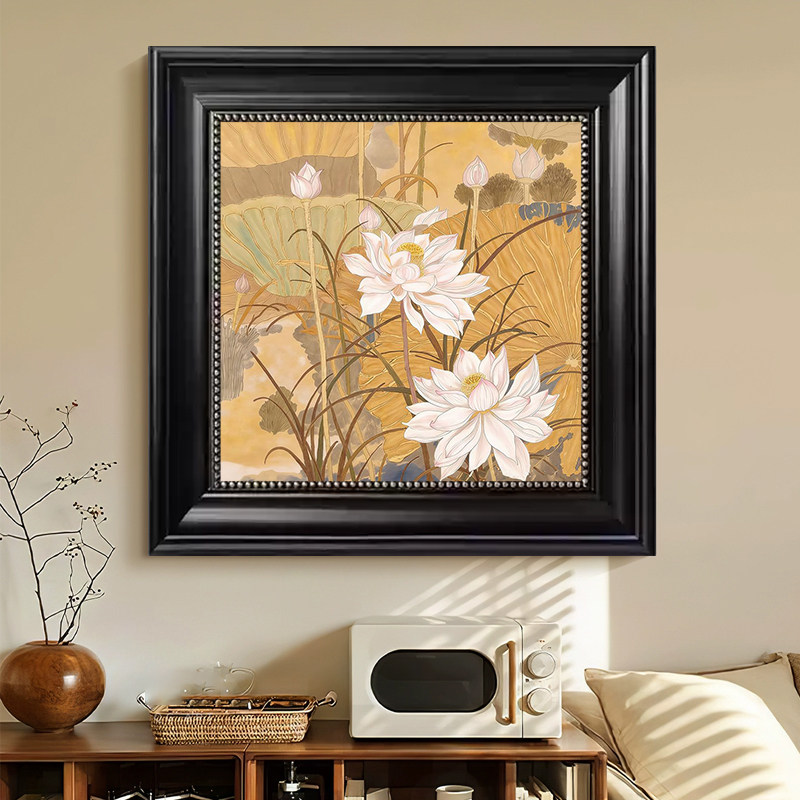 新中式荷花装饰画客厅沙发背景墙挂画茶室禅意油画复古玄关壁画