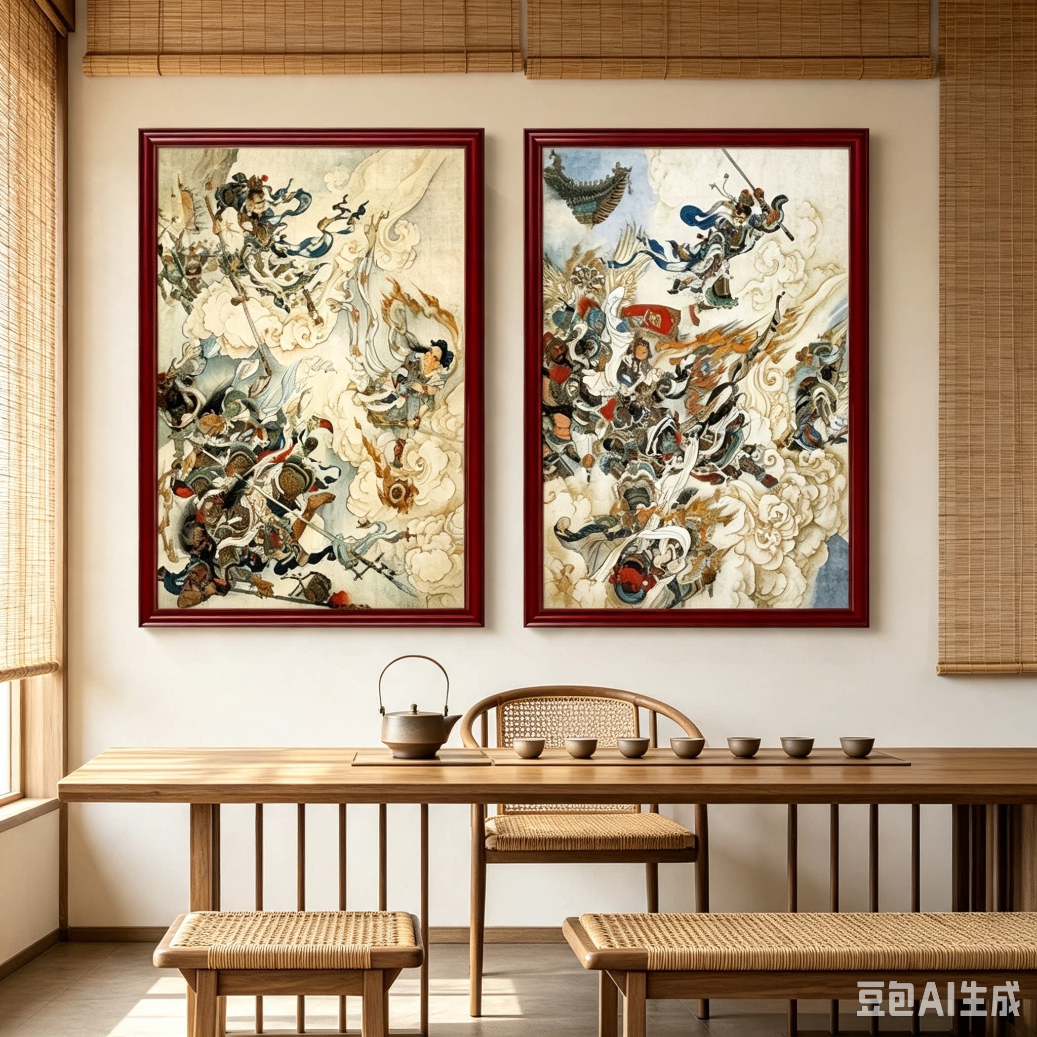 中式工笔齐天大圣挂画孙悟空大闹天宫连环画客厅餐厅饭厅装饰壁画