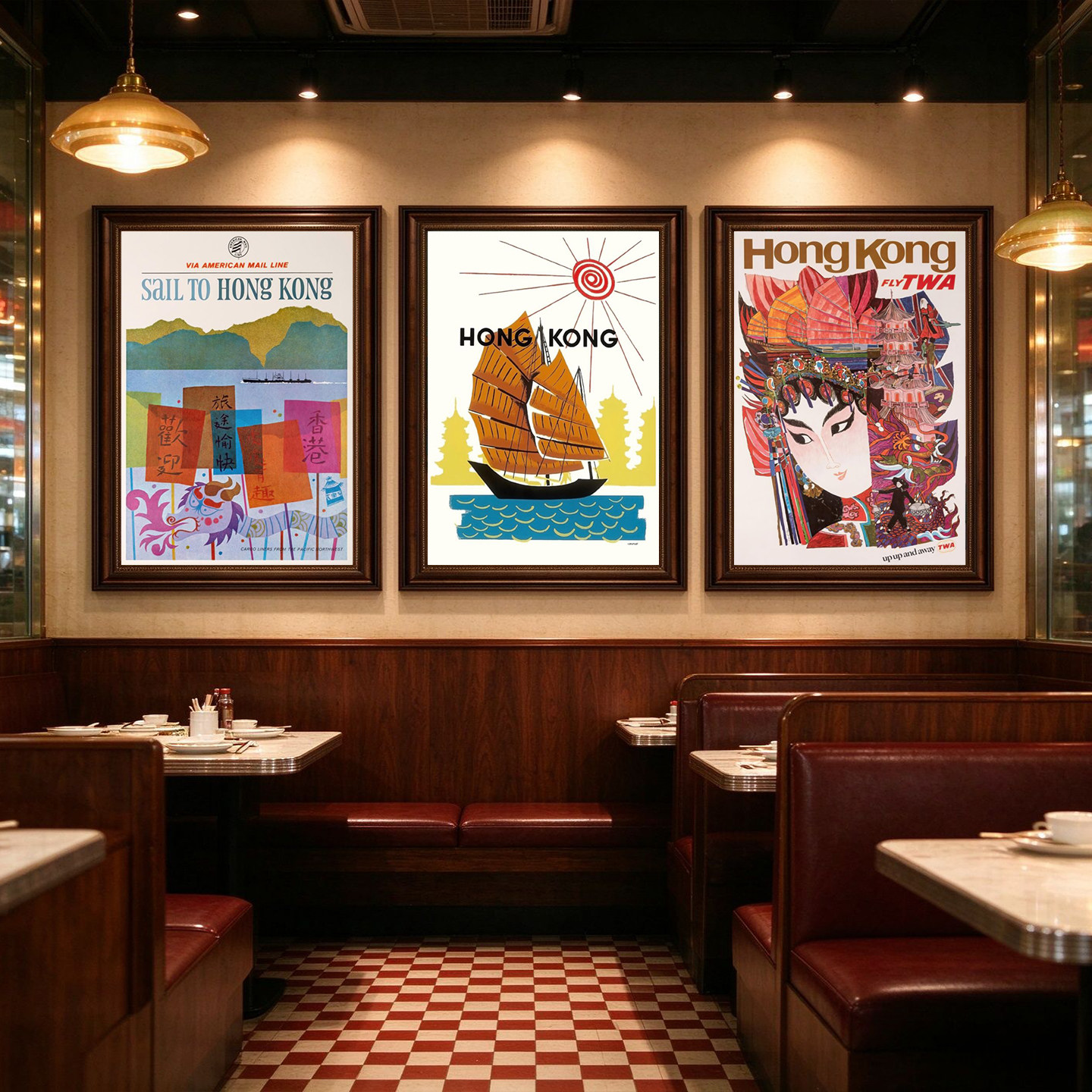 港风复古香港海报挂画老式帆船粤剧元素港式餐厅怀旧三联装饰壁画